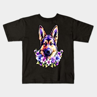 German Sheperd Dog Surrounded by Beautiful Spring Flowers Kids T-Shirt